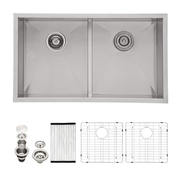 Sarlai 16 -Gauge Stainless Steel 30 in. Low-Divide Undermount Double Bowl Kitchen Sink 50/50 Under Counter Kitchen Basin