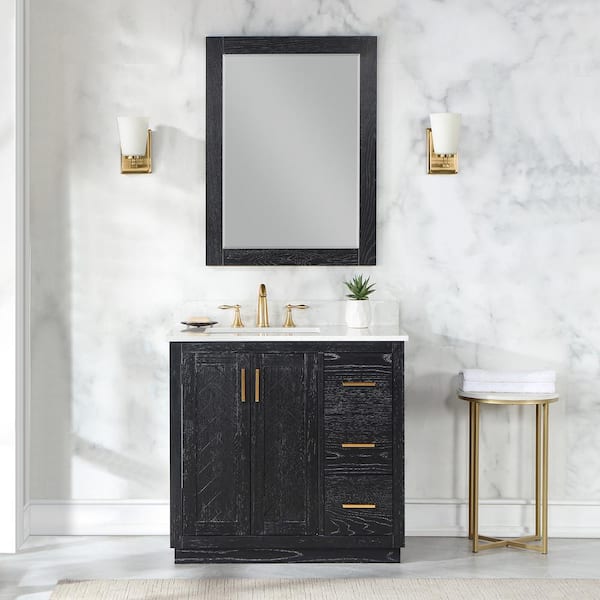 Altair Gazsi 36 in. W x 22 in.D x 34 in. H Single Sink Bath Vanity in Black Oak with White Composite Stone Top and Mirror