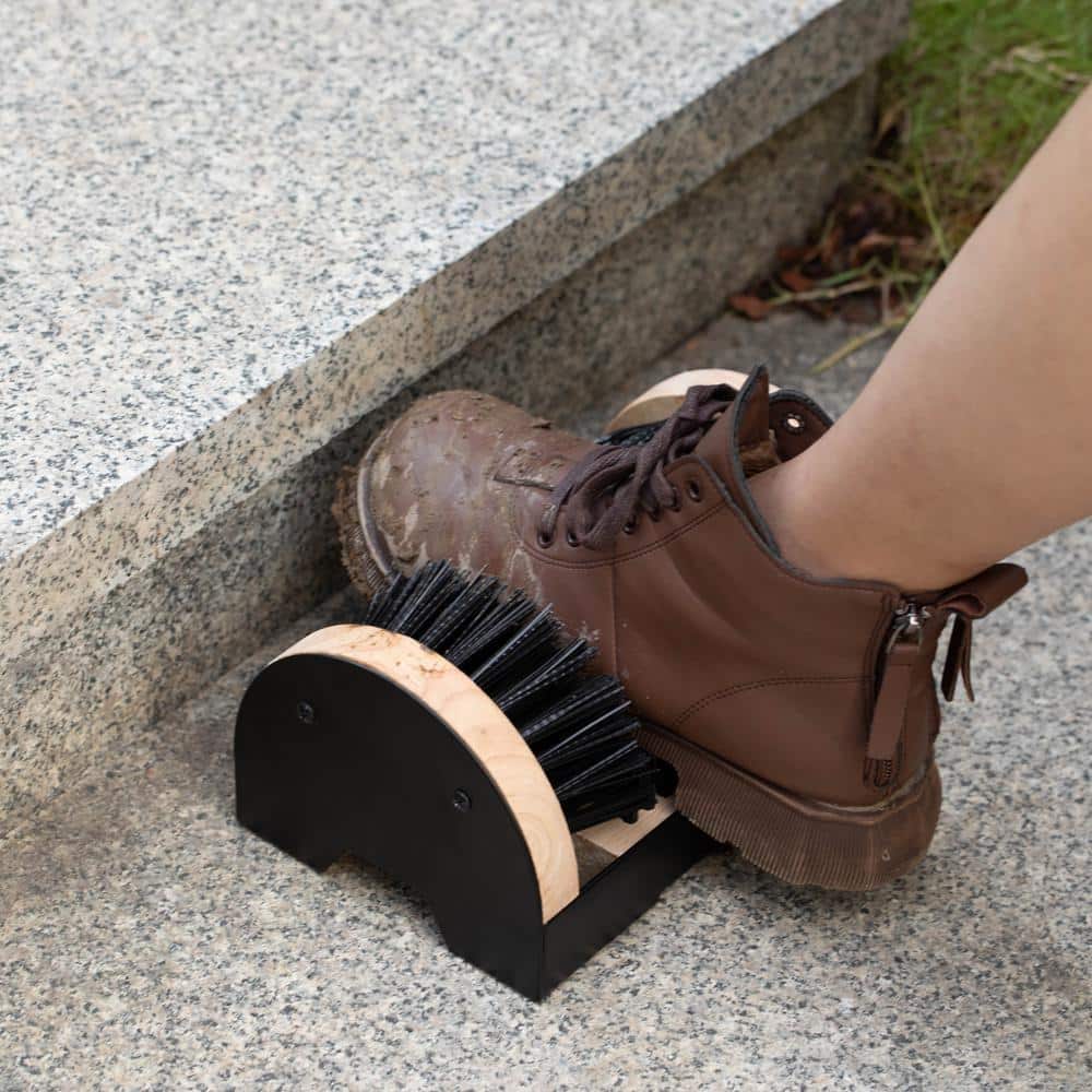 Heavy-Duty Black Metal and Wooden Boot Scraper with Brushes