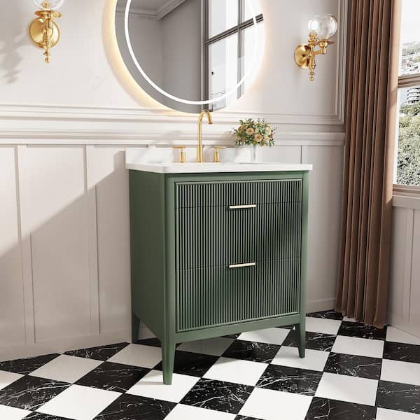 29.92 in. Freestanding Single Sink Fully Assembled Green Bath Vanity with White Engineered Marble Top Assembled