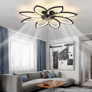 34.3 in. LED Indoor Black Smart Ceiling Fan with Modern Flower-Shaped Dimmable Remote