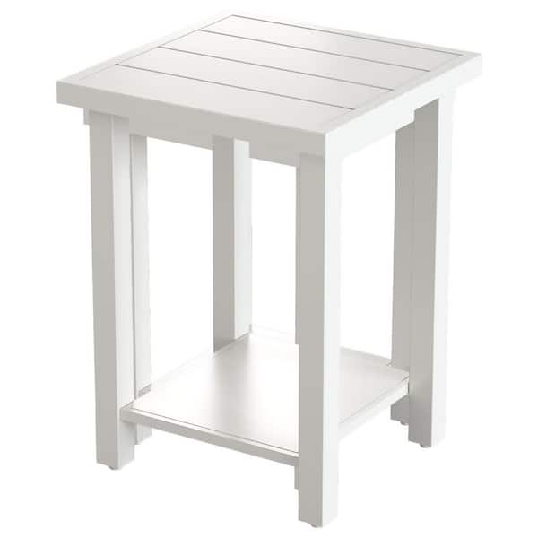 Metal Outdoor Side Table 2-Tier Sturdy Weather Resistant Solid Square End Table for Patio Pool Porch White