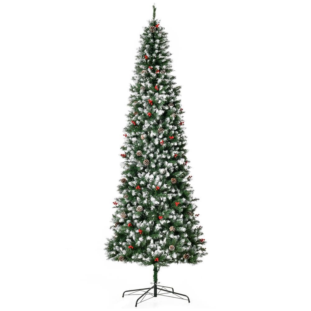 9 ft. Artificial Christmas Tree Snow Flocked Tree, Pre-Lit Holiday Decoration with LED Lights, Pine Cones -  HOMCOM, 830-380V82