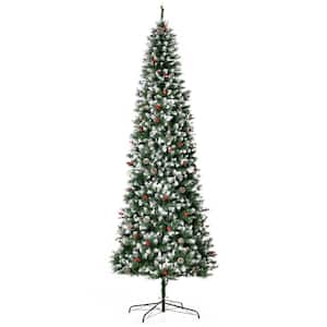 9 ft. Artificial Christmas Tree Snow Flocked Tree, Pre-Lit Holiday Decoration with LED Lights, Pine Cones