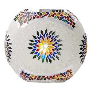 Aria 9.5 in. White Glass Oval Globe Accent Lamp with Multicolored Mosaic Design