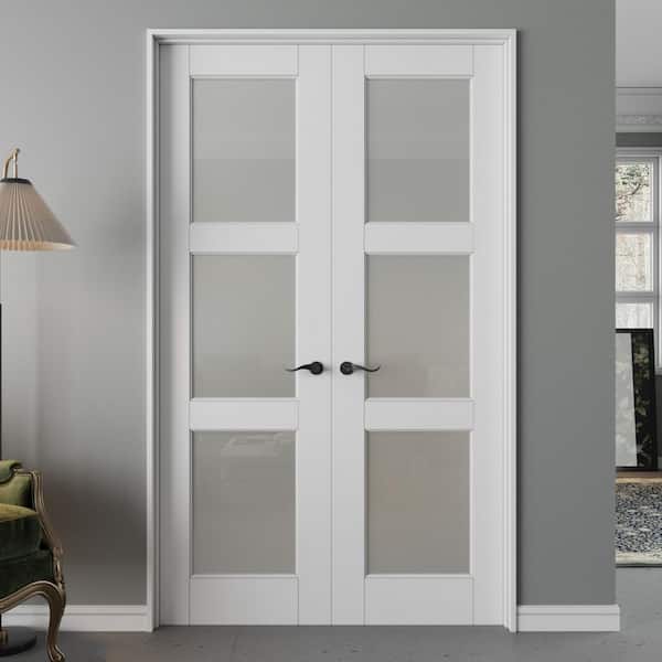 48 in. x 80 in. Universal 3-Lite Frosted Glass White MDF Assembly Required Interior French Door Kit w/Separate Jamb