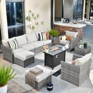 Eufaula Gray 10-Piece Wicker Modern Outdoor Patio Conversation Sofa Set with a Steel Fire Pit and Coarse Beige Cushions