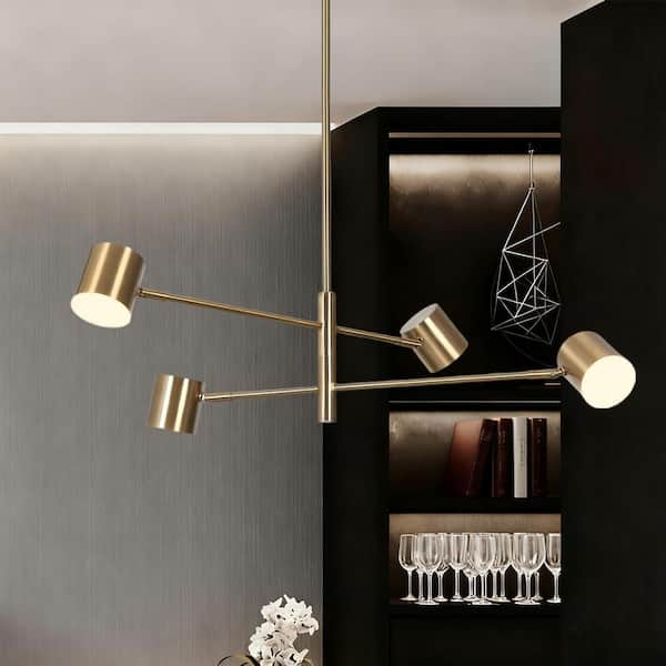 Zevni Mid-Century Modern 18-Watt 4-Lights Brass Gold Integrated LED Chandelier, Pendant Light Fixture for Kitchen Island
