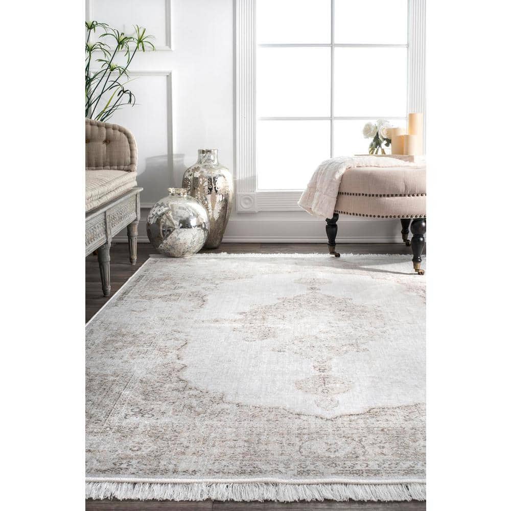 Cantrell Ivory and Beige Wool Viscose 10' x 14' Medallion Area Rug
