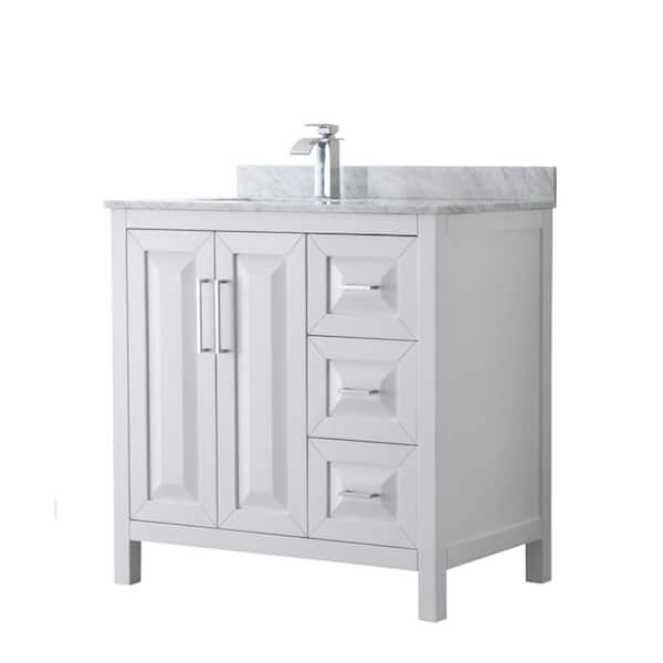 Wyndham Collection Daria 36 in. Single Bathroom Vanity in White with Marble Vanity Top in Carrara White with White Basin