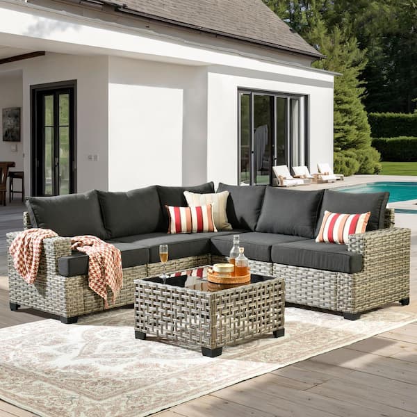 Ulrica 6-Piece Wicker Outdoor Sectional Set with Black Cushions