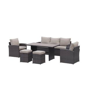 6-Piece Wicker Outdoor Sectional with Dark Brown Cushions
