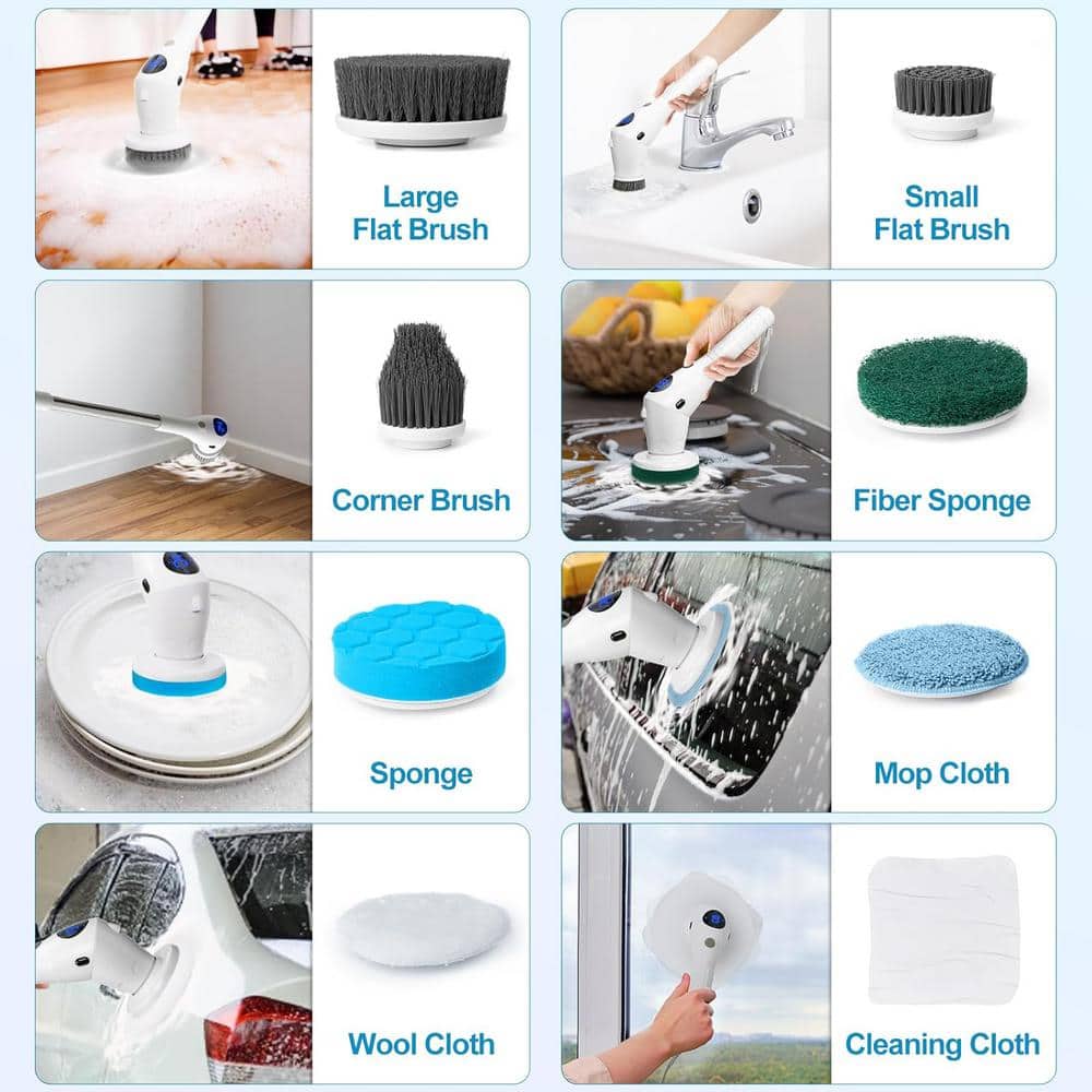 White Electric Spin Scrubber with Carbon Fiber Bristles and Adjustable Handle
