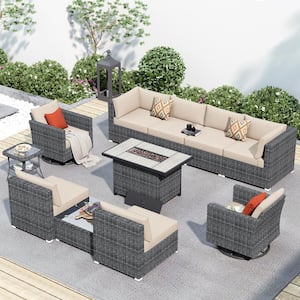 Messi Grey 11-Piece Wicker Outdoor Patio Fire Pit Conversation Sofa Set with Swivel Rocking Chairs and Beige Cushions