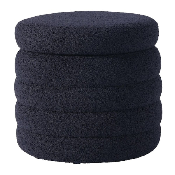 Bayville Modern 16 in. Tall Sherpa Fabric Tufted Round Storage Ottoman in Navy Blue