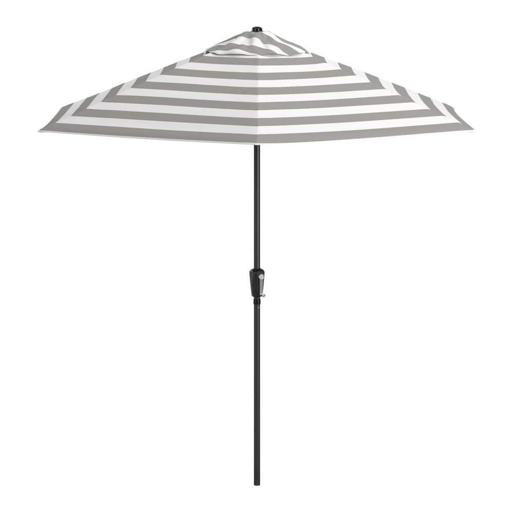 9 ft. Aluminum Pole Black Patio Umbrella, Push Button Tilt and Crank Lift, Solstice Olefin Fabric in Gray White Cabana price history on PriceWatchPro