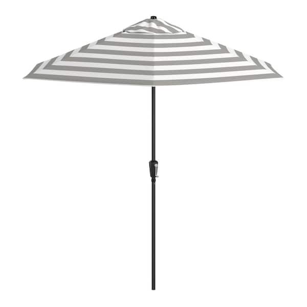 9 ft. Aluminum Pole Black Patio Umbrella, Push Button Tilt and Crank Lift, Solstice Olefin Fabric in Gray White Cabana