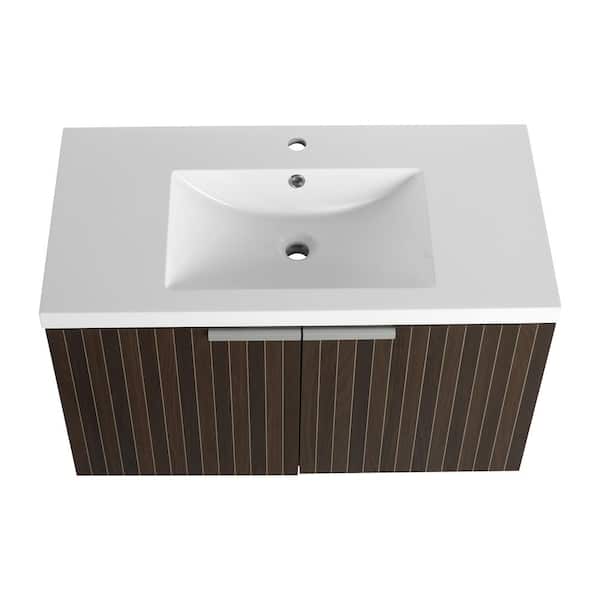 36 in. W x 18 in. D x 21 in. H Single Sink Wall-Mounted Bath Vanity in Brown with White Resin Top
