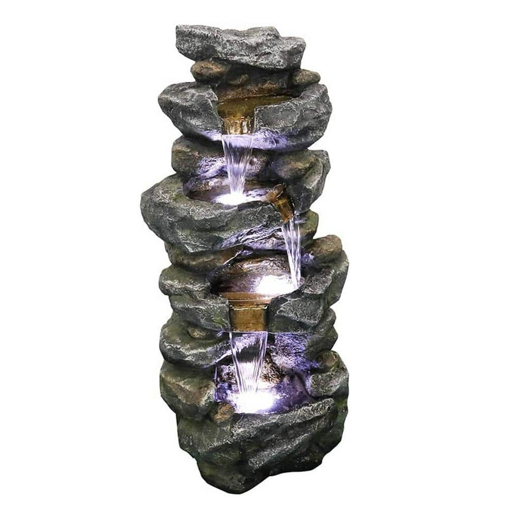 Cesicia 13 in. W Outdoor Resin Rock Fountain With LED Light in 3-Crock ...