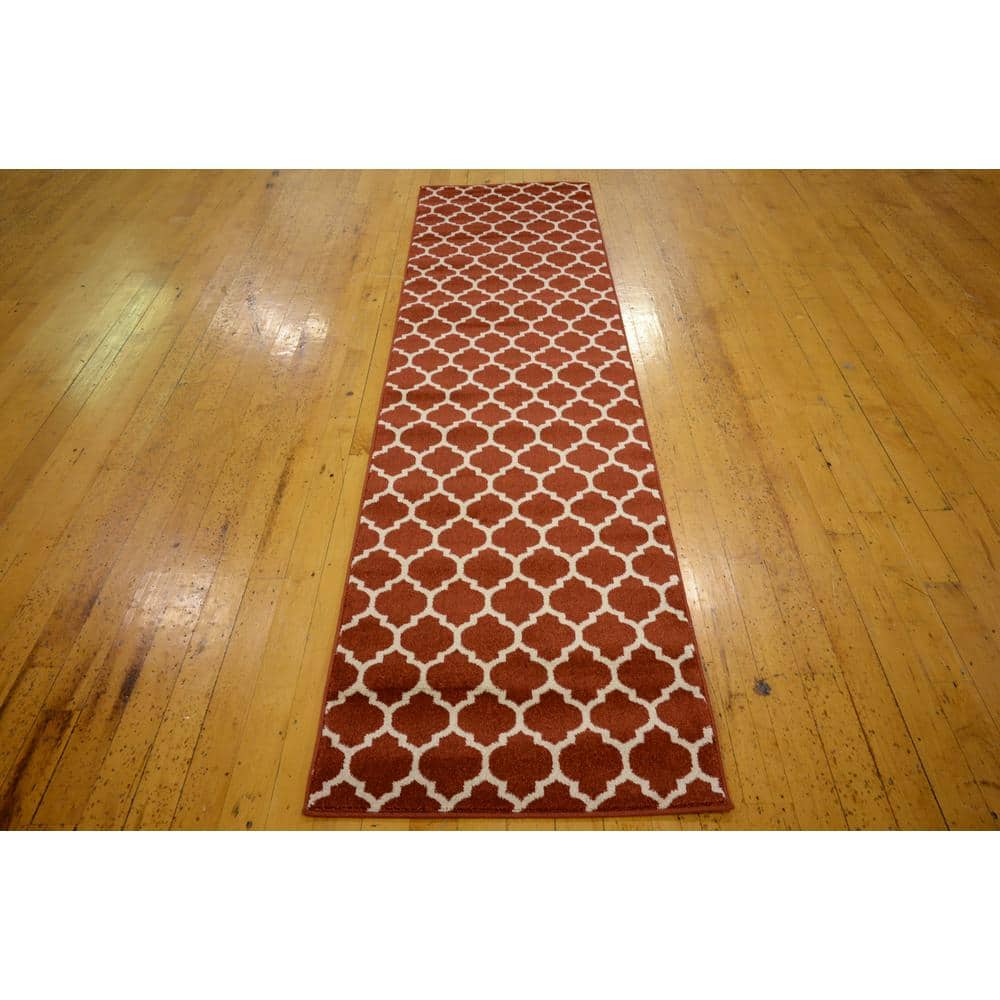 Red and Beige Synthetic Trellis Runner Rug