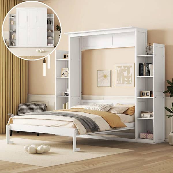 White Wood Frame Queen Murphy Bed with Shelves and LED Lights