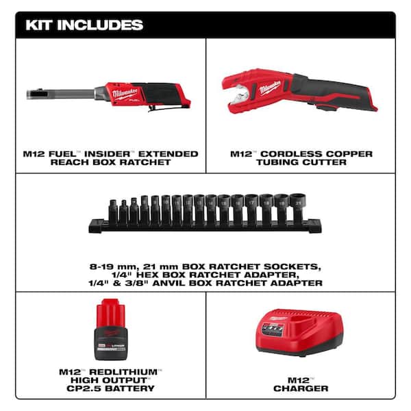 M12 FUEL 12V Lithium-Ion 3/8 in. & 1/4 in. Brushless Compact Cordless Ratchet with Copper Tubing Cutter