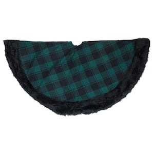 48 in. Green and Black Plaid Christmas Tree Skirt with Faux Fur