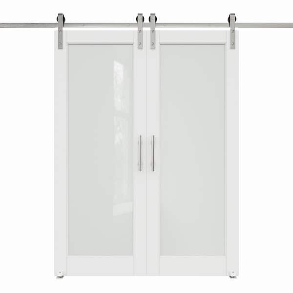 60 in. x 80 in. 1-Lite Tempered Frosted Glass White Finished MDF Sliding Barn Door with Hardware Kit Nickel