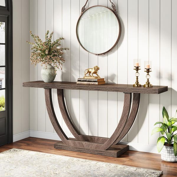 BYBLIGHT Turrella 63 in. Brown Rectangle Wood Console Table, Narrow Long Foyer Sofa Table with Geometric Legs for Hallway