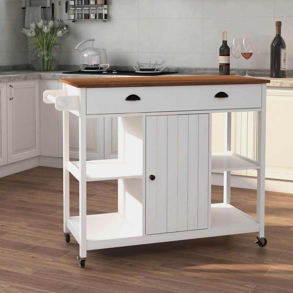 Tileon White MDF Kitchen Cart with Brown Wood Top and Adjustable Shelf  AYBSZHD2498 - The Home Depot