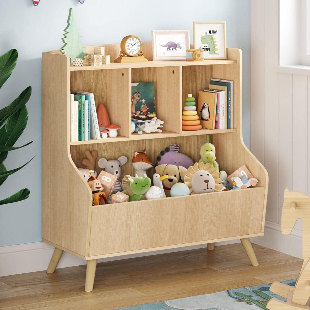 Natural Kids Book Organizer with Open Display Shelves and Toy Storage Cabinet for Bedroom
