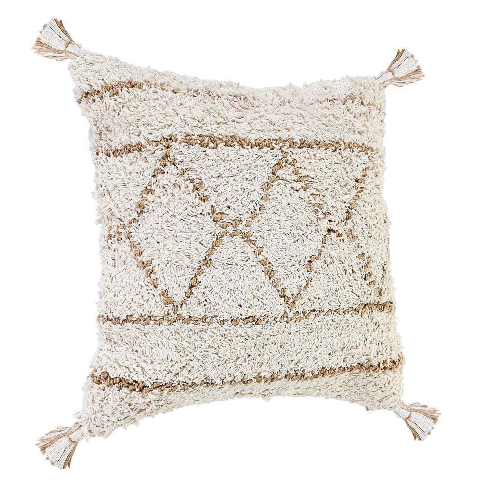 Boho-Chic Diamond Pattern Jute and Cotton Square Pillow