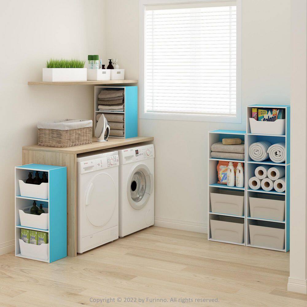White and Light Blue Stackable Kids Bookcase with Open Shelves