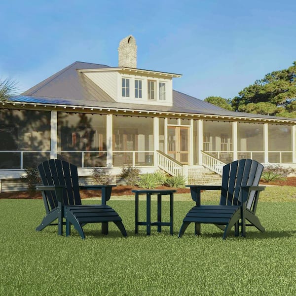 Mason 5-Piece UV Resistant Outdoor Patio HDPE Poly Plastic Adirondack Chairs Set with Ottomans and Side Table, Navy Blue