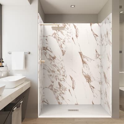 Caramel 32 in. x 60 in. x 84 in. Solid Composite Stone Alcove Shower Kit with Walls and White Pan Base Center Drain