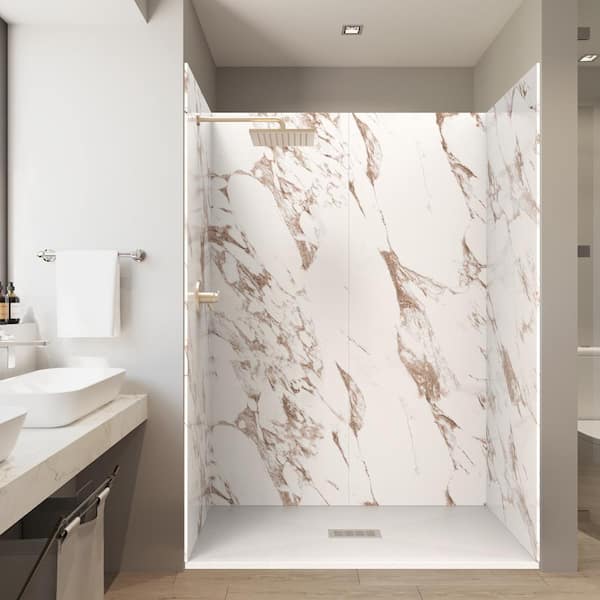 CASTICO Caramel 32 in. x 60 in. x 84 in. Solid Composite Stone Alcove Shower Kit with Walls and White Pan Base Center Drain
