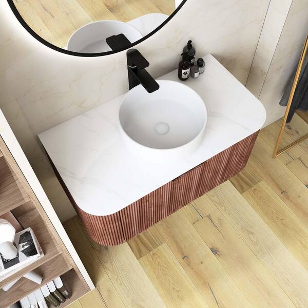 Yingze 36 in. Wall Mounted Single Sink Walnut Bath Vanity with