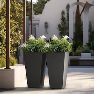 Modern 24.5in. High Large Tall Tapered Square Charcoal Black Outdoor Cement Planter Plant Pots Set of 2