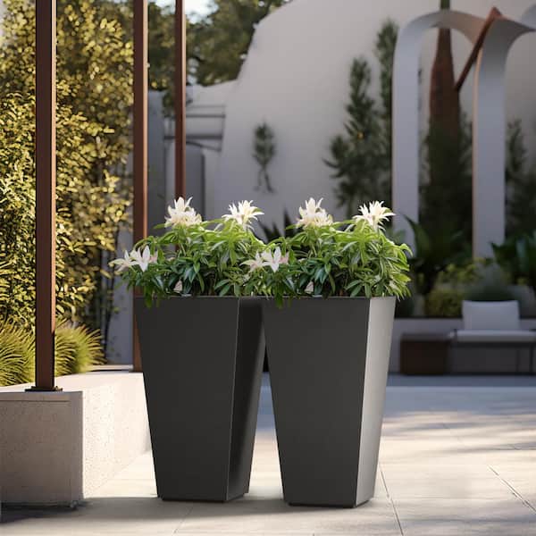 Sapcrete Modern 24.5in. High Large Tall Tapered Square Charcoal Black Outdoor Cement Planter Plant Pots Set of 2