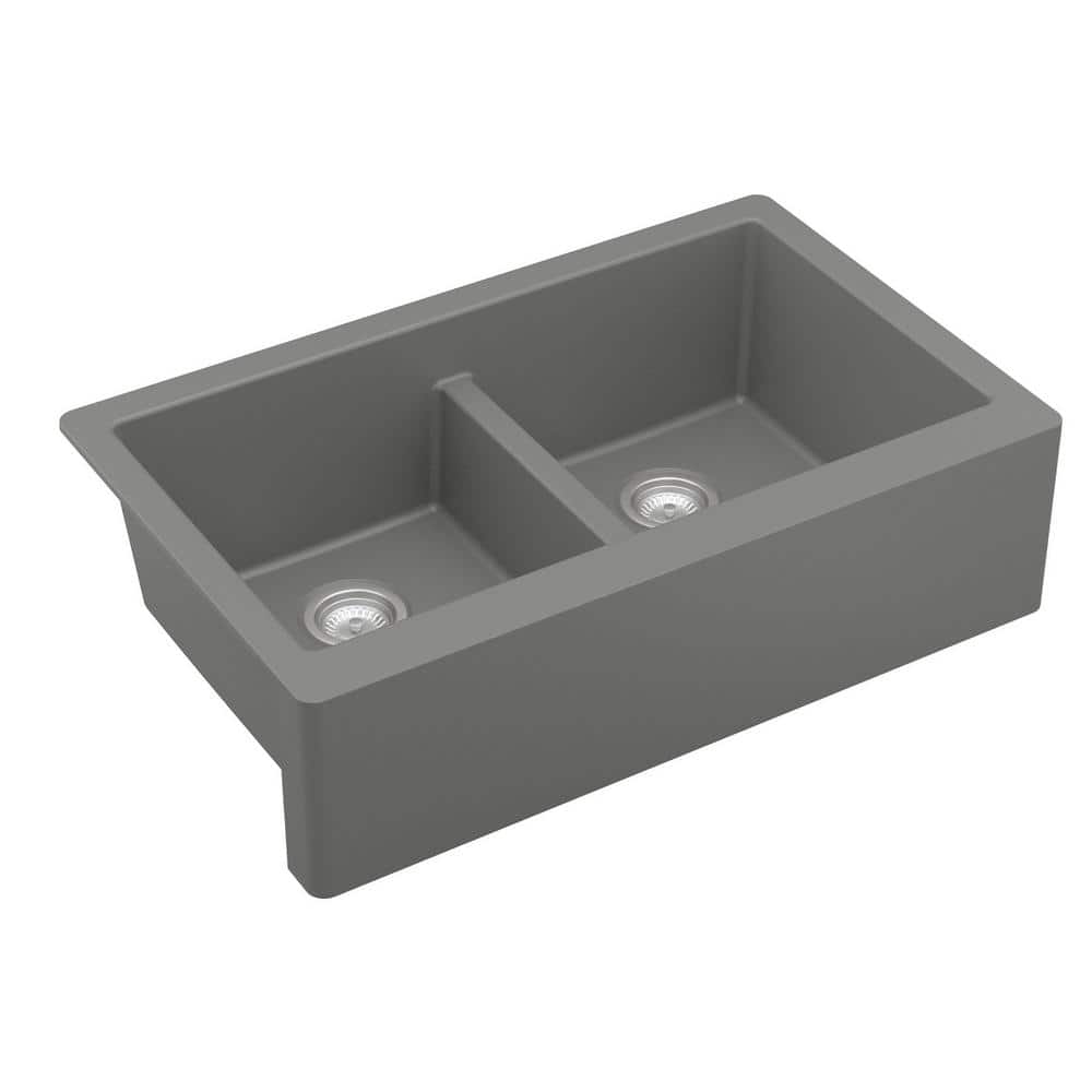 Gray Quartz Farmhouse Double Bowl Kitchen Sink, 34"