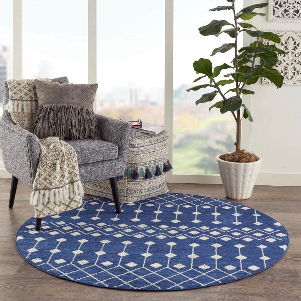Navy Moroccan Diamond 5'3" Synthetic Round Area Rug