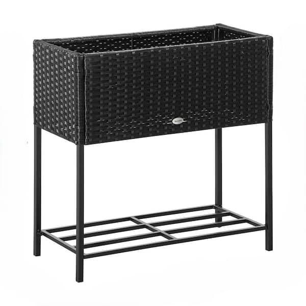 Oyezvary 28.25 in. x 11.75 in. x 27.50 in. Black Steel Raised Garden Bed with Rattan Wicker Look for Flowers, Herbs & Vegetables