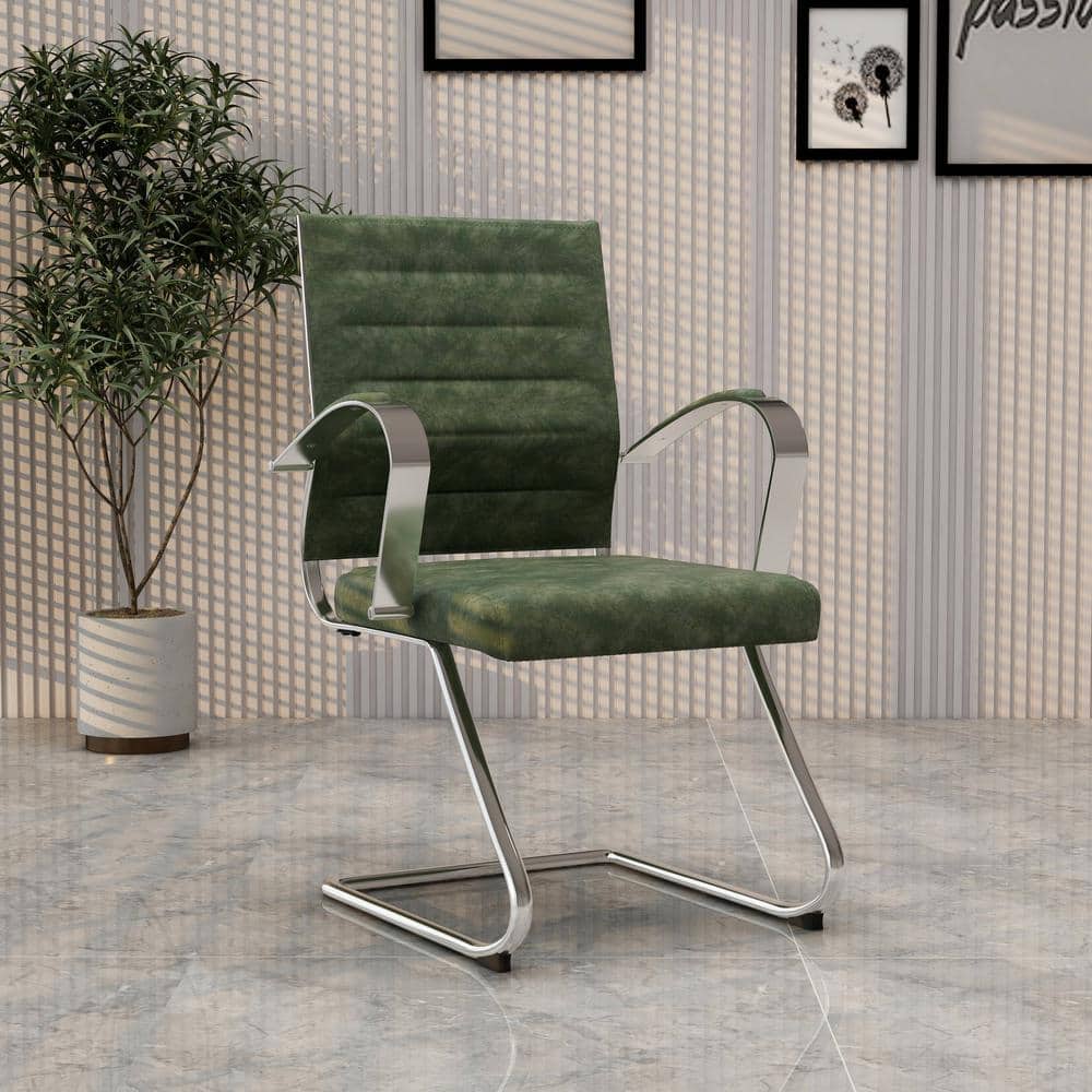 Green Leather Office Chair with Fixed Arms and Metal Frame