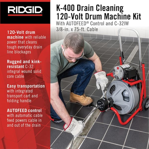 K-400 AutoFeed Drain Cleaning Snake Auger 120-Volt Drum Machine and C-32IW 3/8 in. x 75 ft. Cable + Tool Set & Gloves