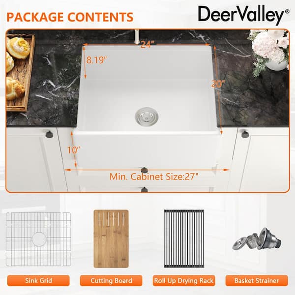 24 in. Farmhouse Single Bowl White Fireclay Workstation Kitchen Sink with Accessories
