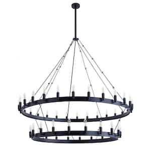 55.1 in. 48-Light Farmhouse Black 2-Tier Wagon Wheel Candle Chandelier Round Industrial Pendant Lighting