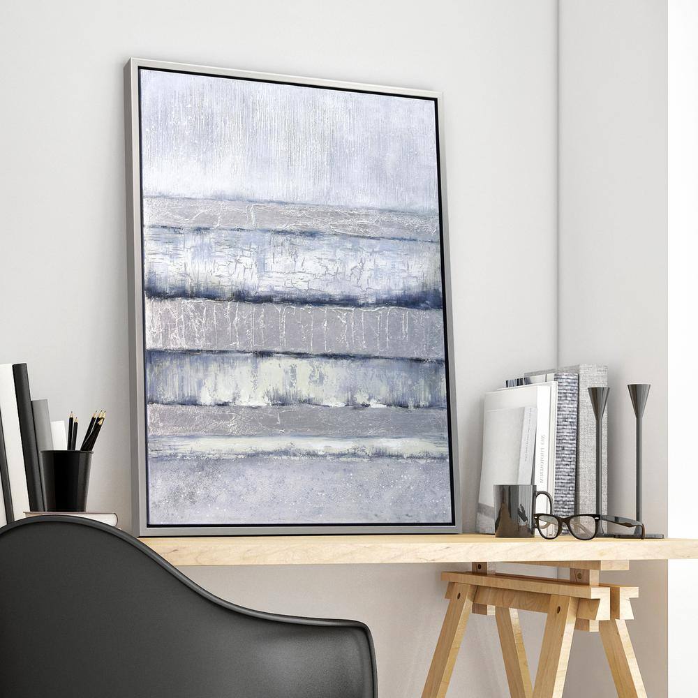 Winter Steps Blue and Grey Abstract Hand Painted Canvas with Champagne Frame