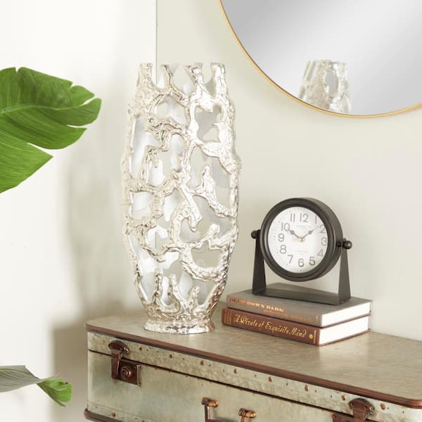 Litton Lane 20 in. Silver Aluminum Metal Decorative Vase with Cut Out Designs