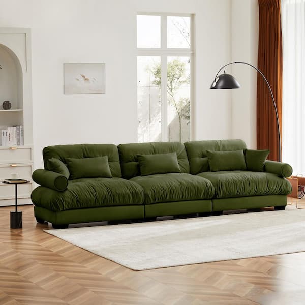 Dalton 130 in. Velvet Upholstered Rectangle Sectional Sofa in Olive Green with Blostered Armrests, Pillows