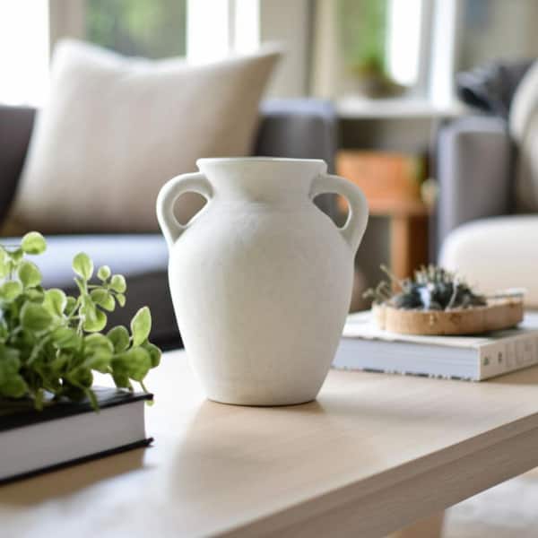 9 in. Ivory Ceramic Amphora Shape and Handles Decorative Vase